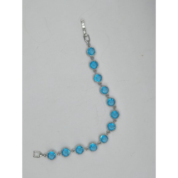 Sterling Silver Bracelet Aquamarine Blue Topaz 925 Round Cut Tennis Style - Picture 3 of 7